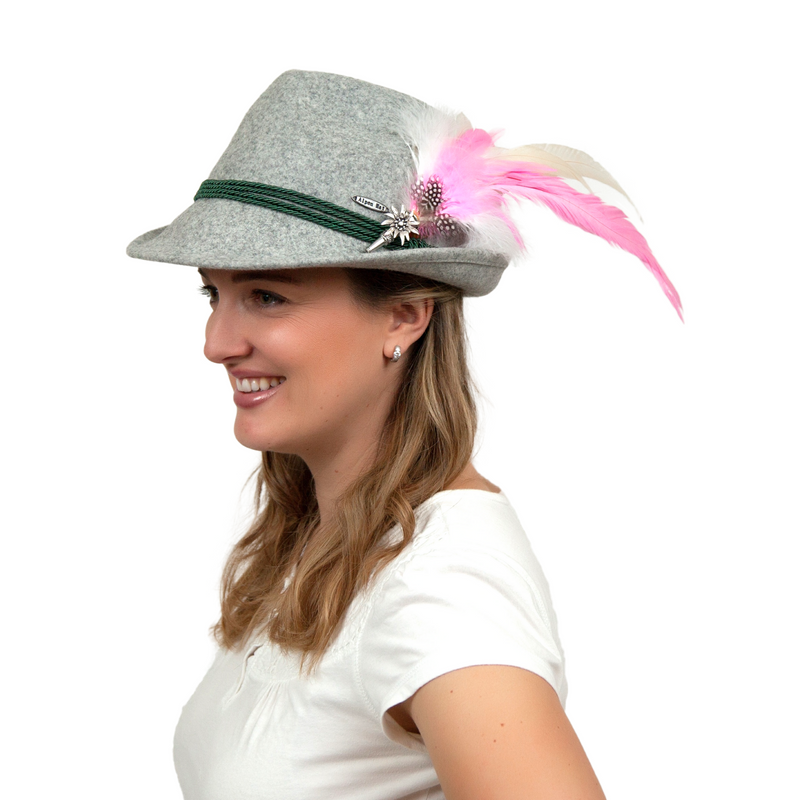 Pink & White Oktoberfest Hat Feather Edelweiss Medallion