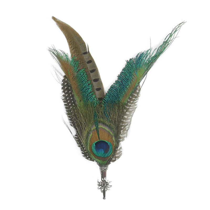 Peacock & Pheasant Hat Feathers with Edelweiss Medallion Hunter Hat Pin