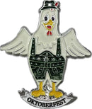 German Chicken with Moving Parts and Oktoberfest Banner Hat Pin, metal