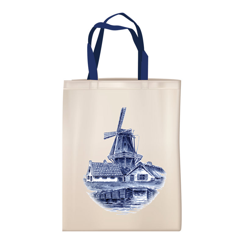 Cloth Tote Bag With Blue Windmill Artwork