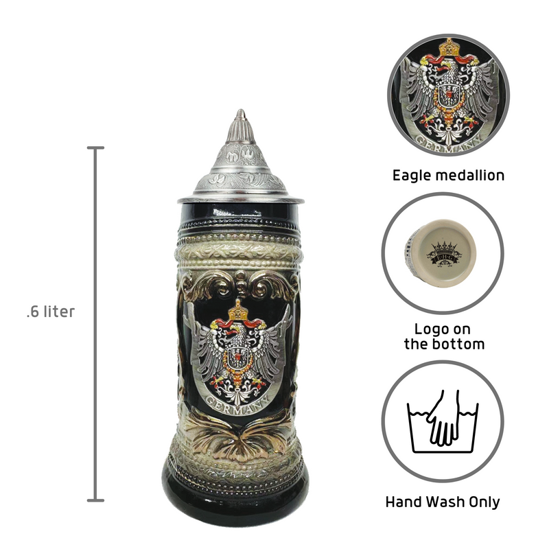 Deluxe Relief Eagle Medallion Lidded German Beer Stein | .6 Liter