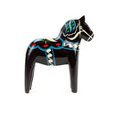 Swedish Themed Black Wooden Dala Horse Decorative Figurine 6 inches with Artwork Decal & Hand Painted Accents