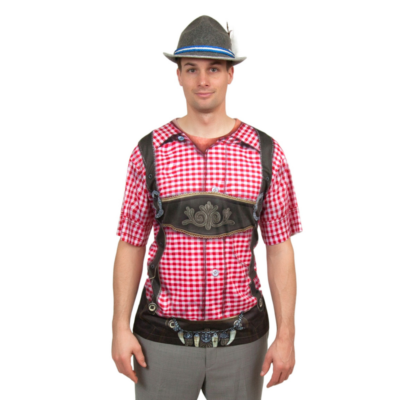 Oktoberfest Costume Lederhosen Realistic Faux Red Shirt