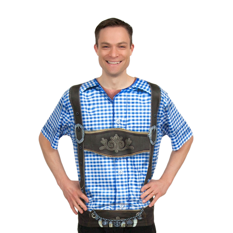 Oktoberfest Costume Lederhosen Realistic Faux Blue Shirt