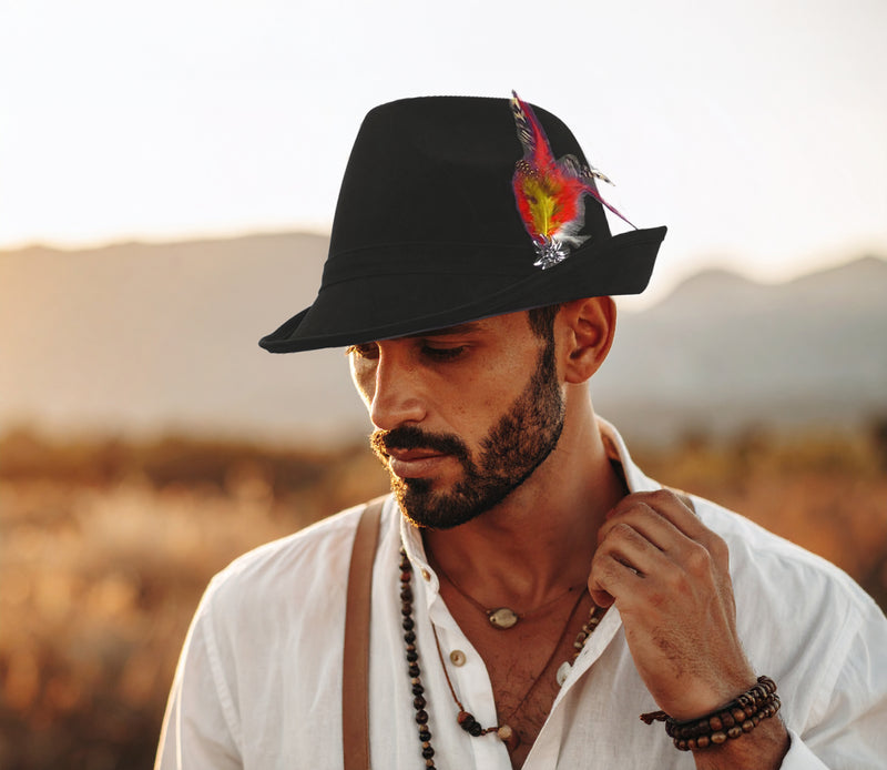 "German Hunter" Black Hat Fedora And Edelweiss & Feather