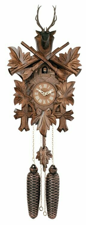 Eight Day Hunter's Cuckoo Clock with Hand-carved Maple Leaves, Rifles, and Buck