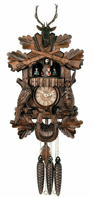 One Day Musical Hunter's Cuckoo Clock with Dancers, Hand-carved Animals, and Buck