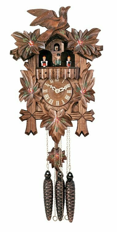 One Day Musical Cuckoo Clock with Dancers, Five Hand-carved Maple Leaves,  One Bird, and Hand-Painted Flowers