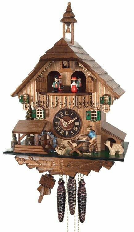 One Day Musical Cuckoo Clock Cottage with Man Sawing Wood, Waterwheel and Dancers