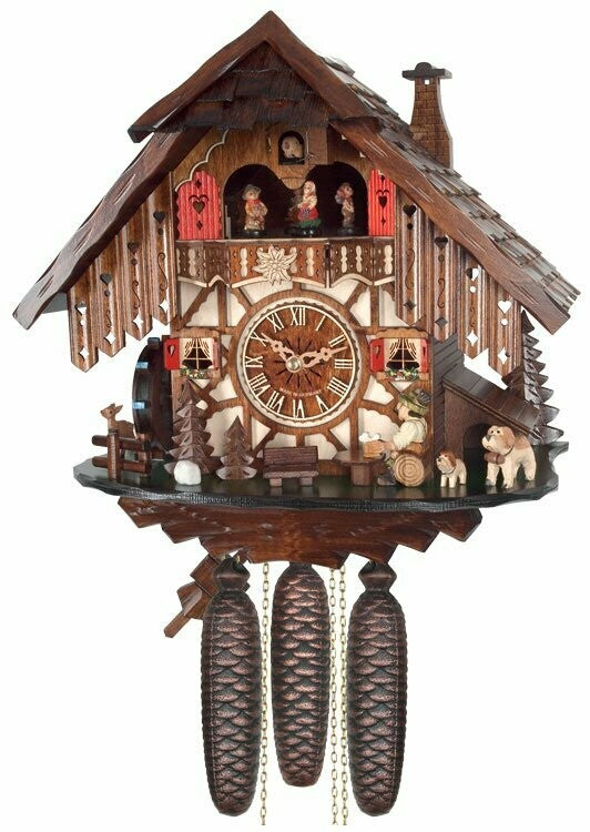 Eight Day Musical Cuckoo Clock Cottage with Beer Drinker and Moving Waterwheel
