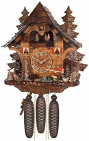 Eight Day Musical Hand Carved and Painted 15"x13" Cuckoo Clock Cottage - Fisherman Raises Pole and Moving Waterwheel