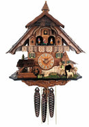 One Day Musical Cuckoo Clock Chalet Volksmarcher raises staff, waterwheel, turret