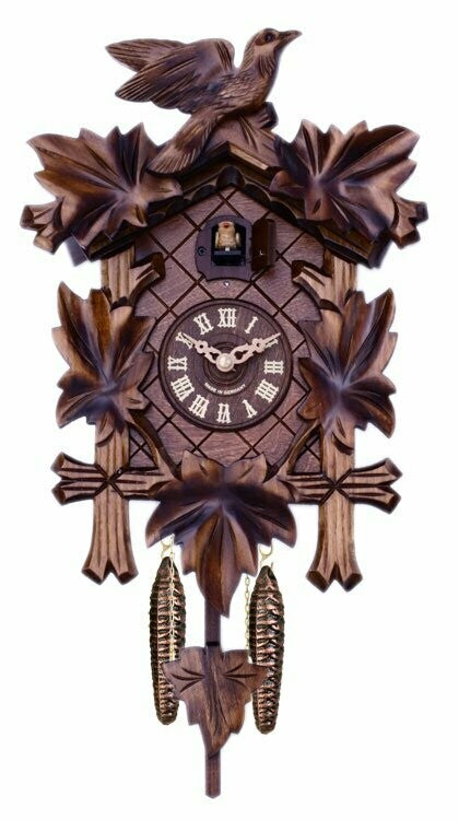 Traditional German Cuckoo Clock with Five Hand-carved Maple Leaves and One Bird