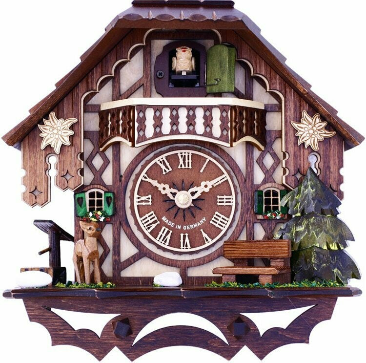 Musical Cuckoo Clock Cottage with Deer, Water Pump, and Tree