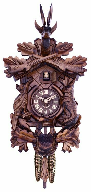 Hunter's Cuckoo Clock with Hand-carved Oak Leaves, Bunny, Bird, and Crossed Rifles, and Buck