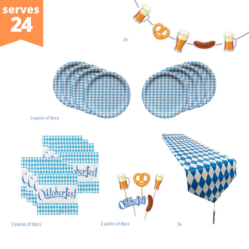 Deluxe All-in-One Lite Oktoberfest Party Pack Bundle with Bavarian Themed Plastic Table Runner, Plates, Napkins, Oktoberfest Foods Themed Banner