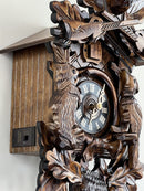 Hunter's Cuckoo Clock with Hand-carved Oak Leaves, Bunny, Bird, and Crossed Rifles, and Buck