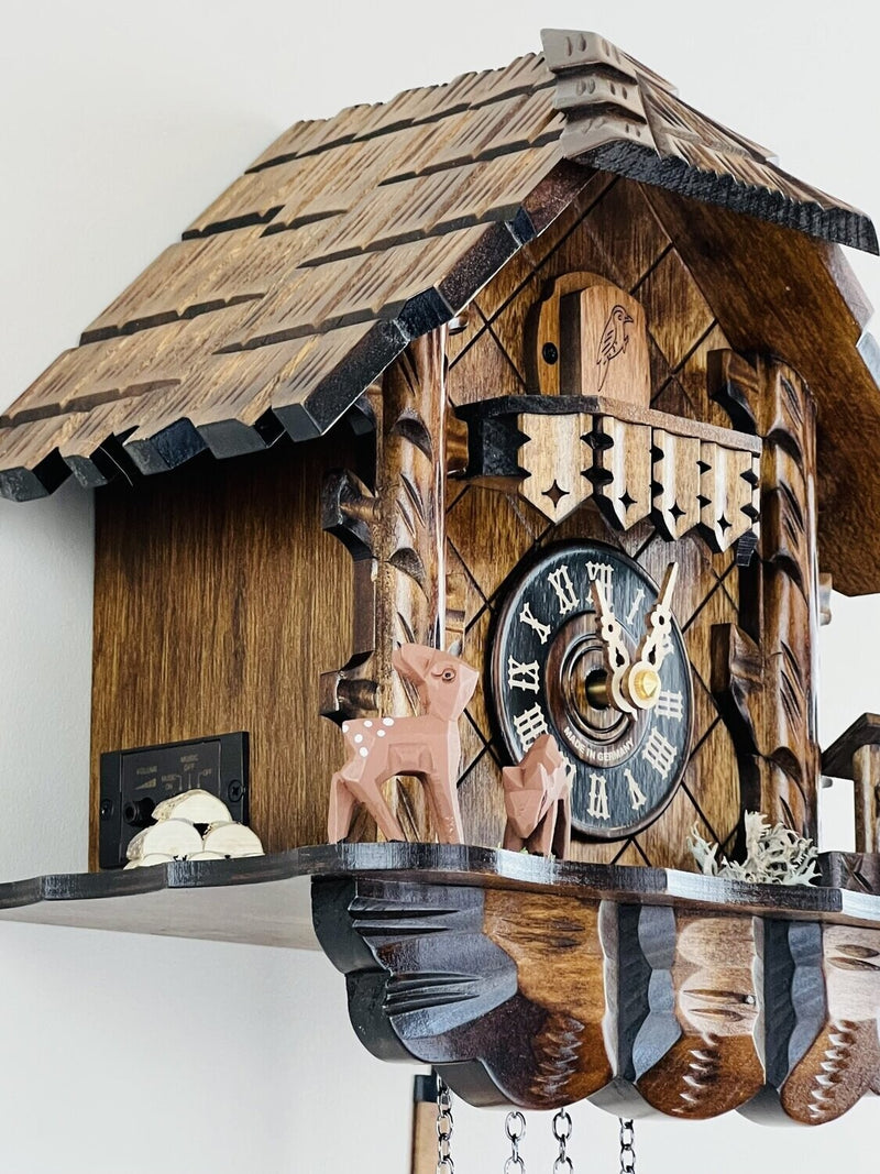Musical Cuckoo Clock with Hand-carved Case and Feeding Deer