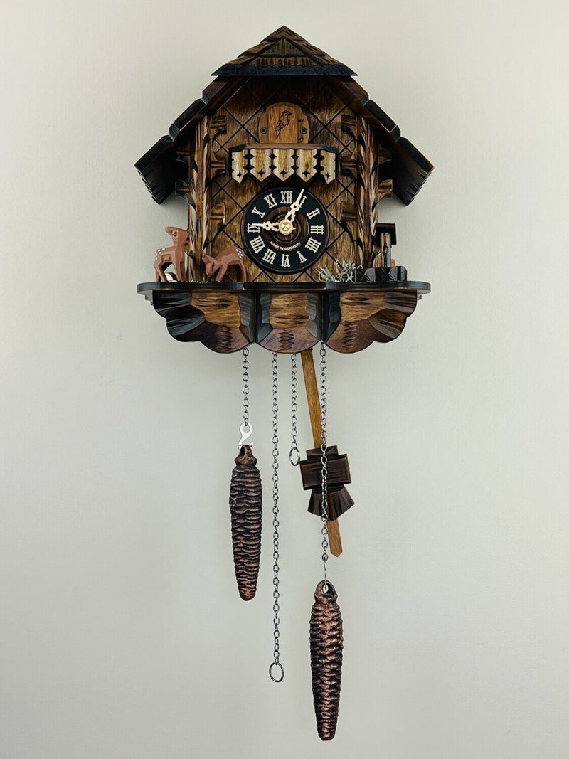 Musical Cuckoo Clock with Hand-carved Case and Feeding Deer