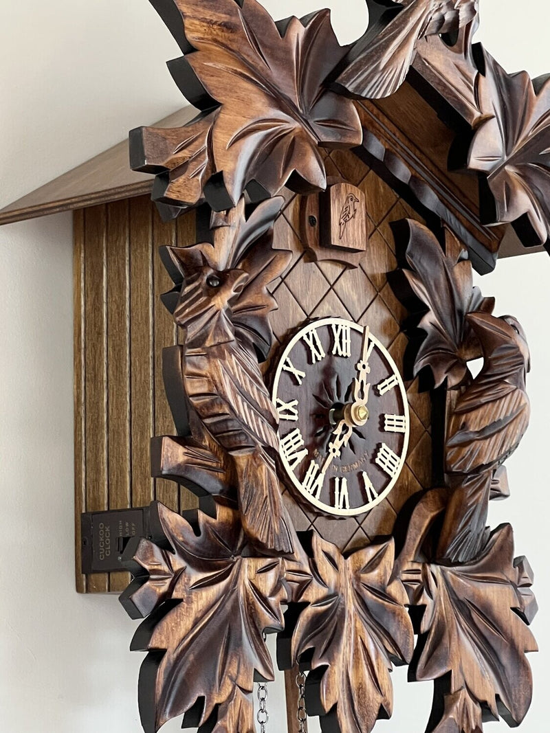Cuckoo Clock with Seven Hand-carved Maple Leaves and Three Birds