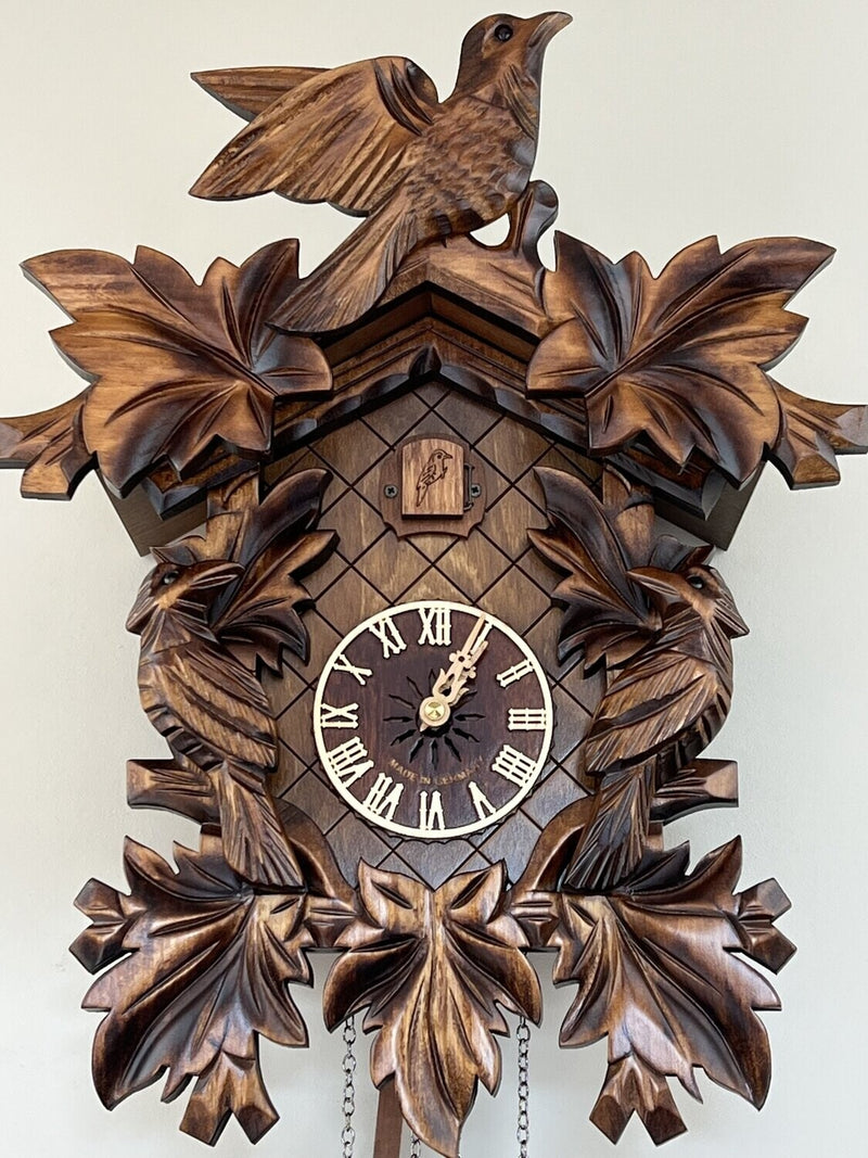 Cuckoo Clock with Seven Hand-carved Maple Leaves and Three Birds
