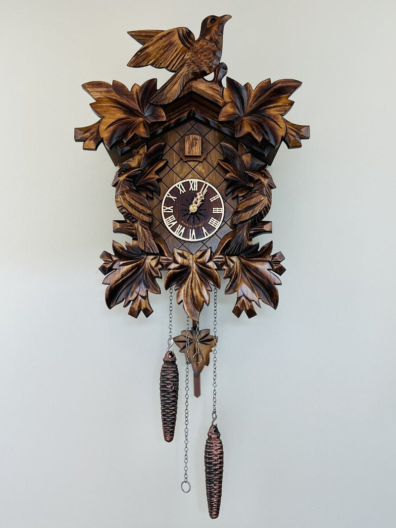 Cuckoo Clock with Seven Hand-carved Maple Leaves and Three Birds