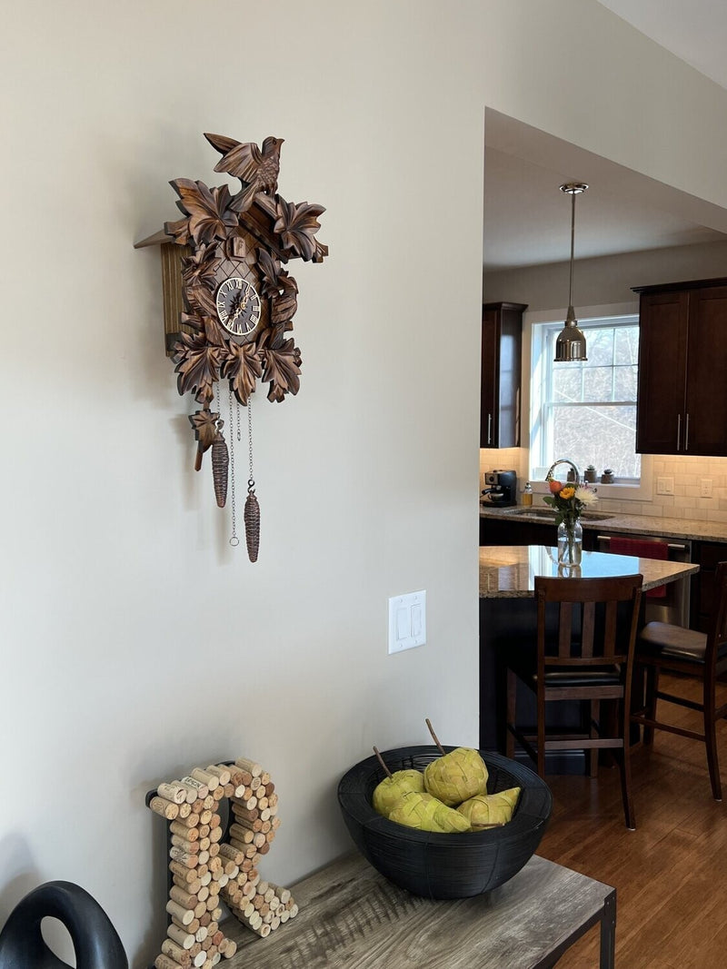 Cuckoo Clock with Seven Hand-carved Maple Leaves and Three Birds