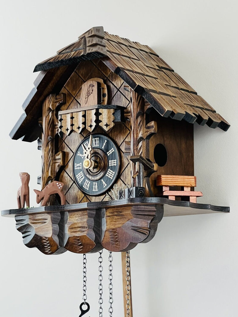 Musical Cuckoo Clock with Hand-carved Case and Feeding Deer
