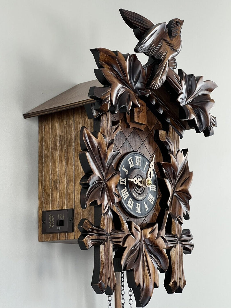 Traditional German Cuckoo Clock with Five Hand-carved Maple Leaves and One Bird