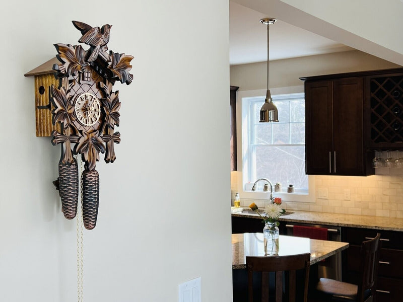 Eight Day Cuckoo Clock with Five Hand-carved Maple Leaves and One Bird