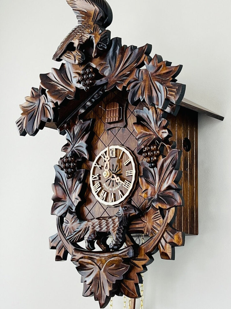 Eight Day Hand-carved Cuckoo Clock with Aesop's Fable Themed Carvings - Fox, Bird and Grapevines