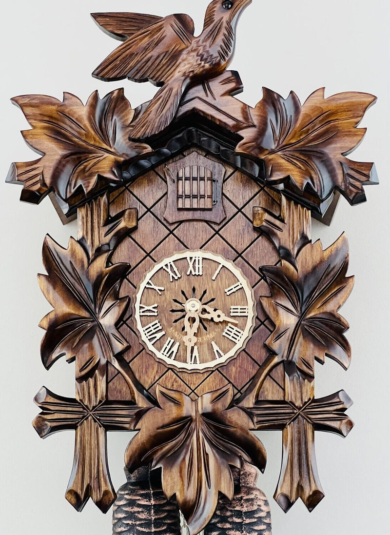 Eight Day Cuckoo Clock with Five Hand-carved Maple Leaves and One Bird