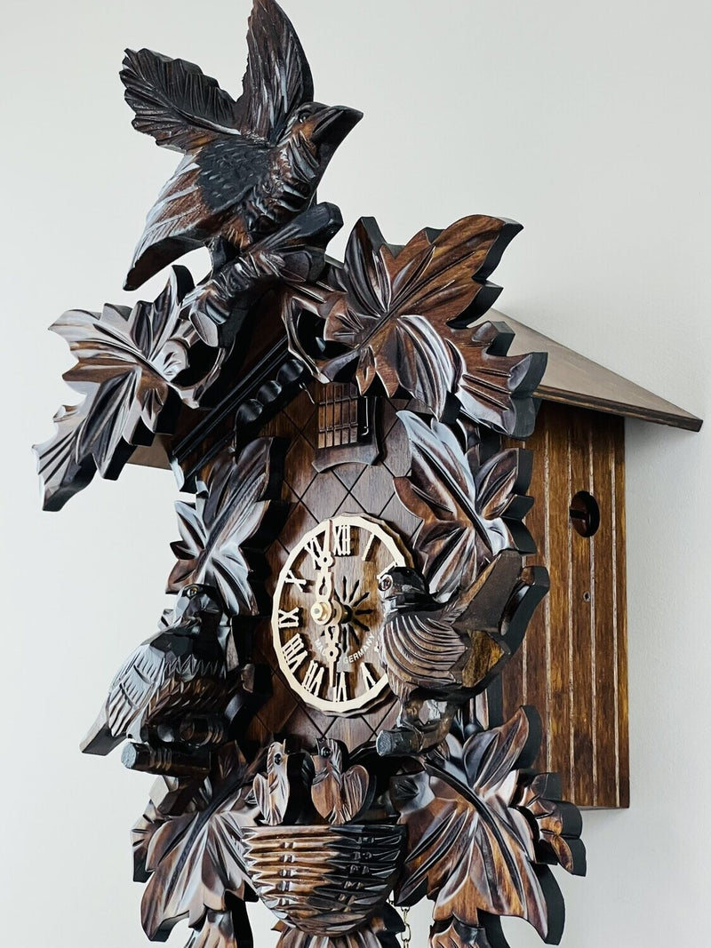 Eight Day Cuckoo Clock with Hand-carved Leaves, Birds, and Bird Nest with Chicks