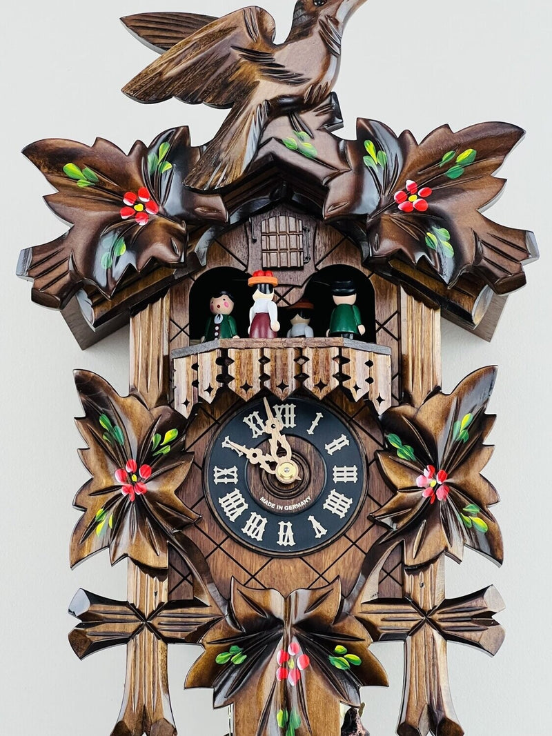 One Day Musical Cuckoo Clock with Dancers, Five Hand-carved Maple Leaves,  One Bird, and Hand-Painted Flowers