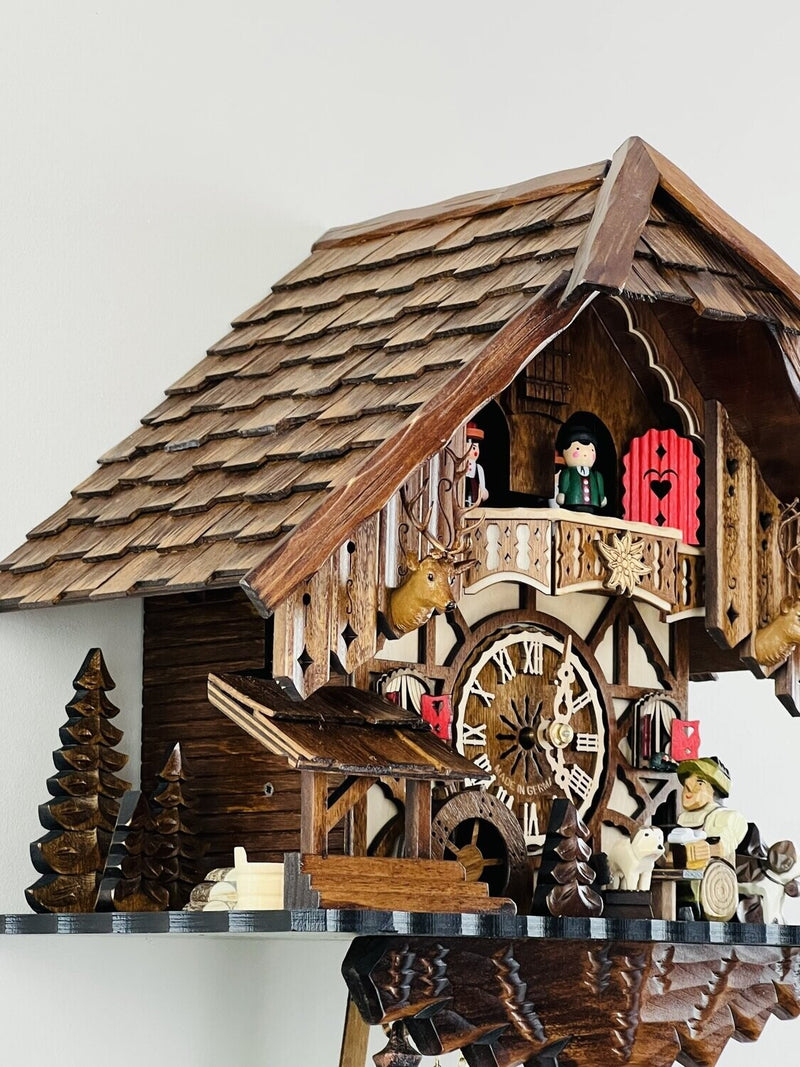 One Day Musical Cuckoo Clock Cottage with Beer Drinker, Waterwheel, and Dancers