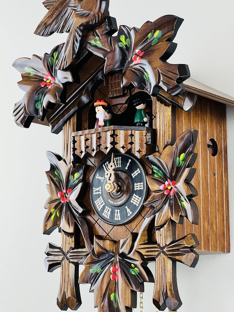 One Day Musical Cuckoo Clock with Dancers, Five Hand-carved Maple Leaves,  One Bird, and Hand-Painted Flowers