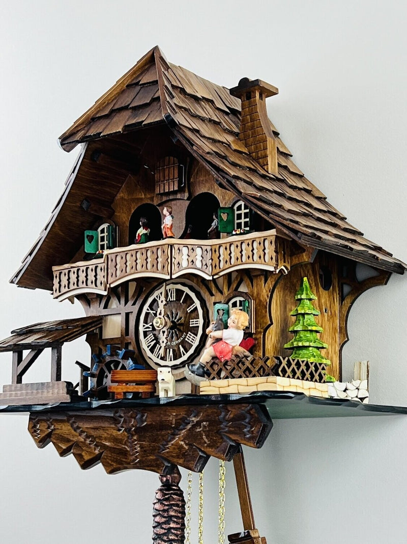 One Day Musical Black Forest Cuckoo Clock with Dancers, Waterwheel, and Girl on Rocking Horse