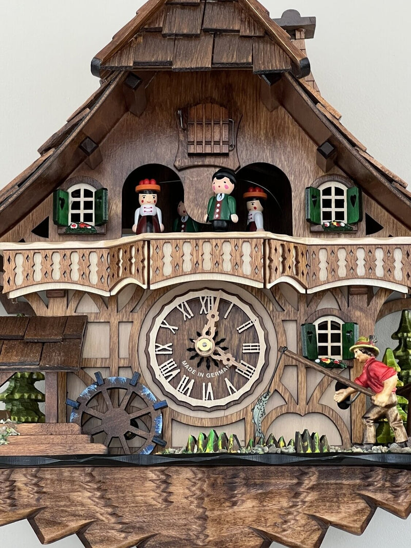 One Day Musical Cuckoo Clock Cottage - Fisherman Raises Pole and Moving Waterwheel