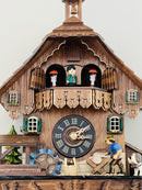 One Day Musical Cuckoo Clock Cottage with Man Sawing Wood, Waterwheel and Dancers