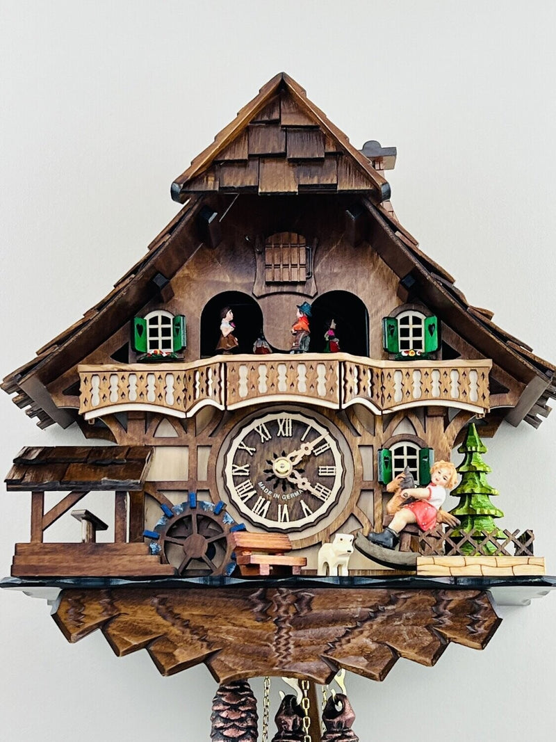 One Day Musical Black Forest Cuckoo Clock with Dancers, Waterwheel, and Girl on Rocking Horse
