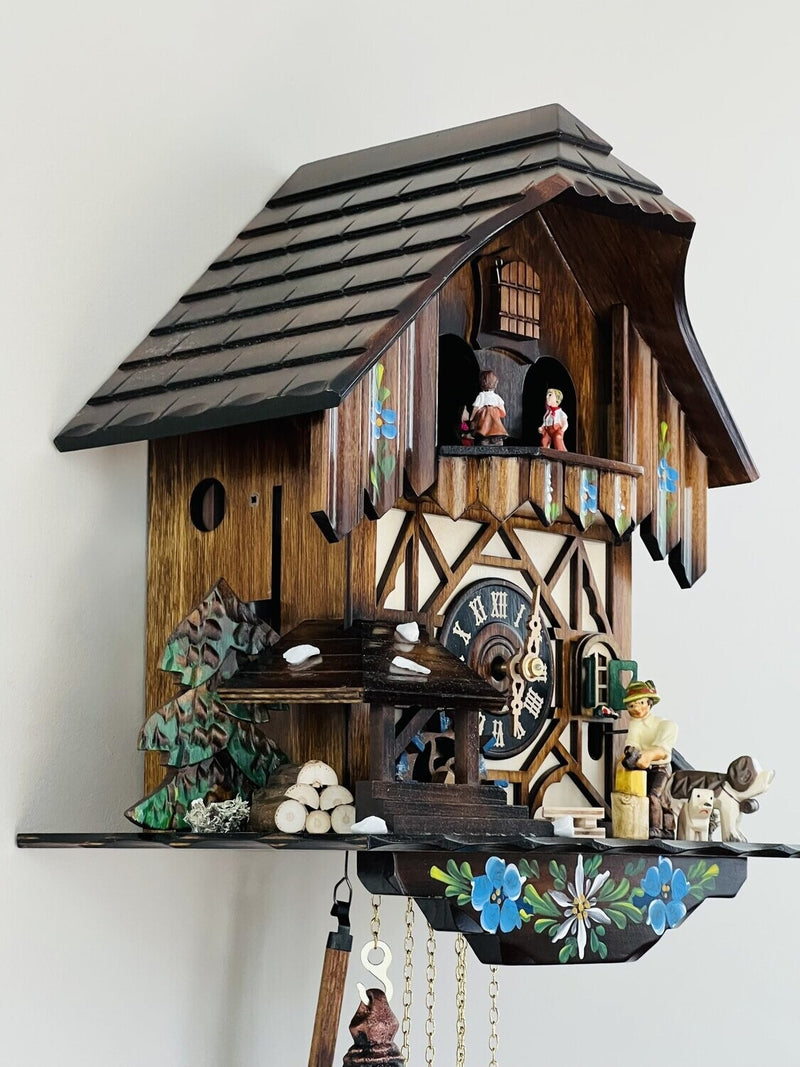 One Day Musical Cuckoo Clock Cottage with Dancers, Woodchopper, and Waterwheel
