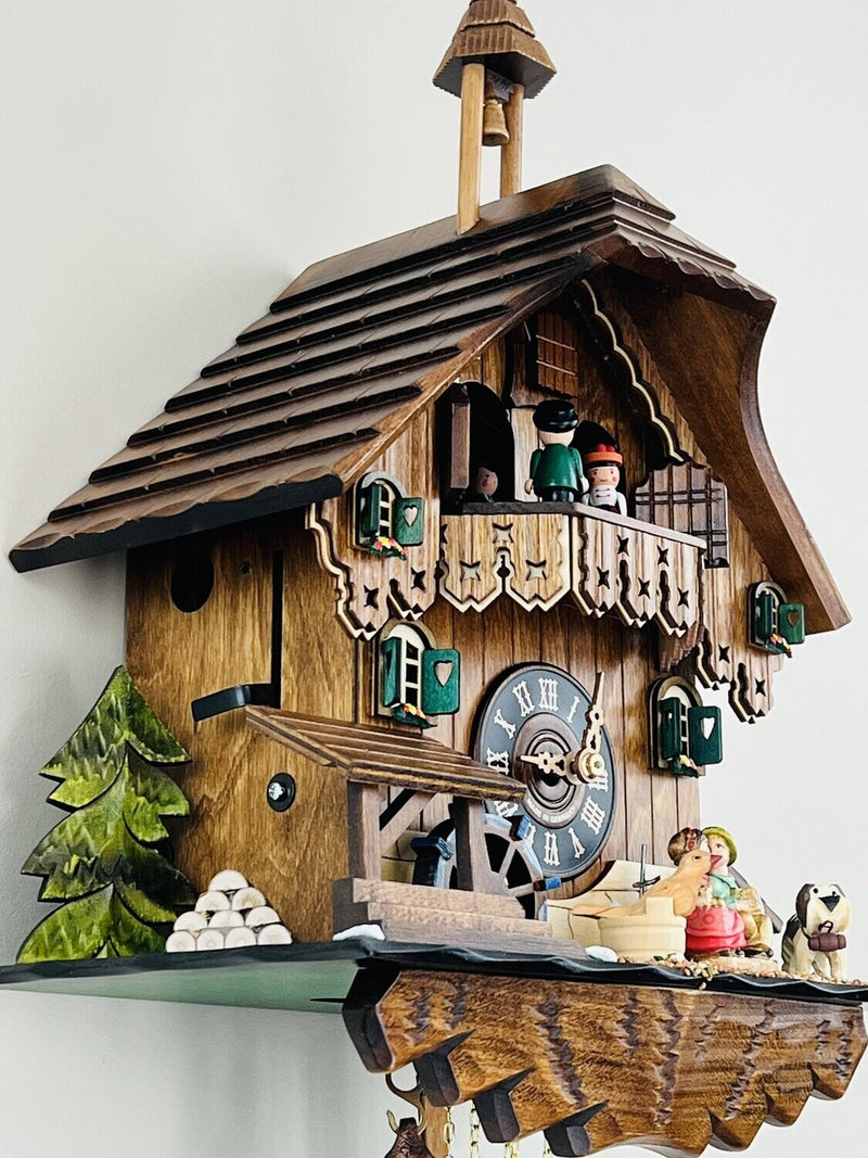 One Day Musical Cuckoo Clock Cottage - Boy and Girl Kiss, Waterwheel Turns