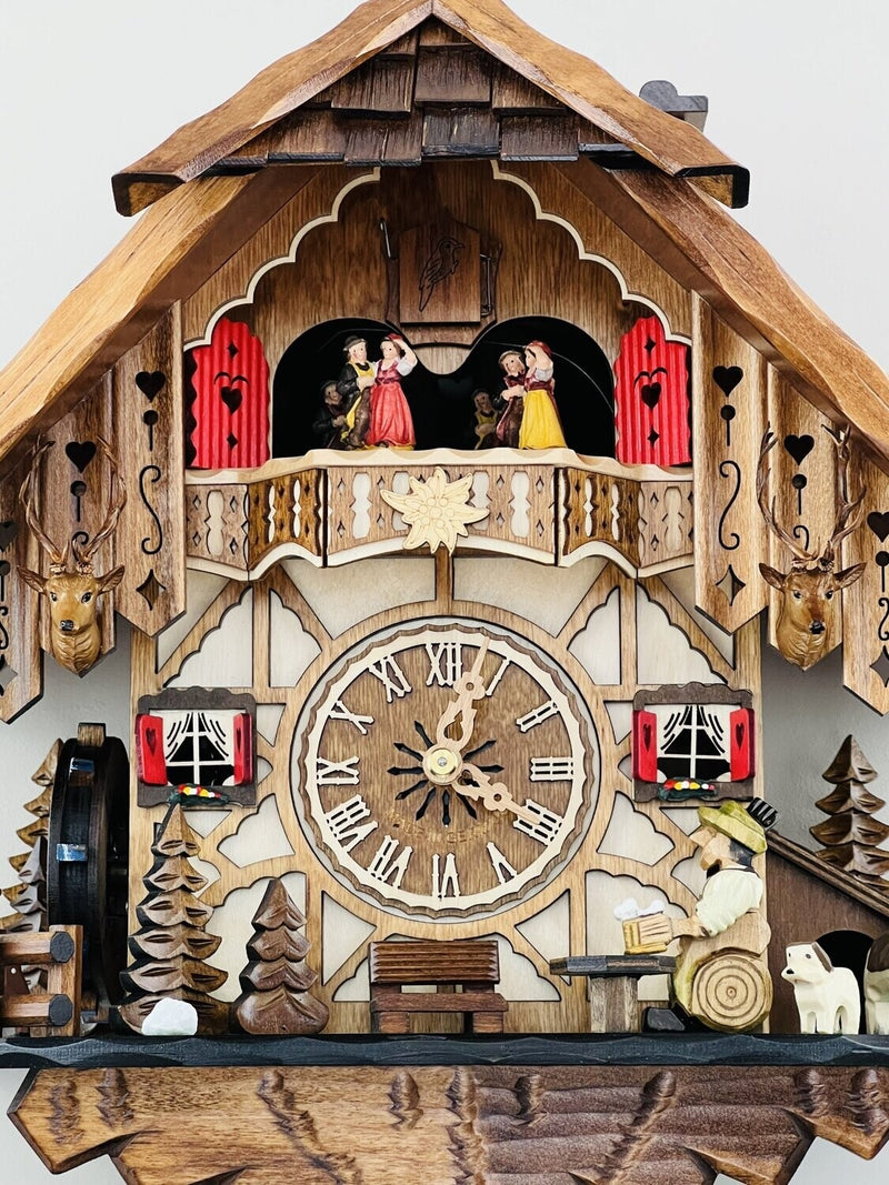 Eight Day Musical Cuckoo Clock Cottage with Beer Drinker and Moving Waterwheel