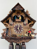 Eight Day Musical Hand Carved and Painted 15"x13" Cuckoo Clock Cottage - Fisherman Raises Pole and Moving Waterwheel
