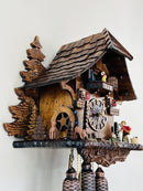 Eight Day Musical Hand Carved and Painted 15"x13" Cuckoo Clock Cottage - Fisherman Raises Pole and Moving Waterwheel