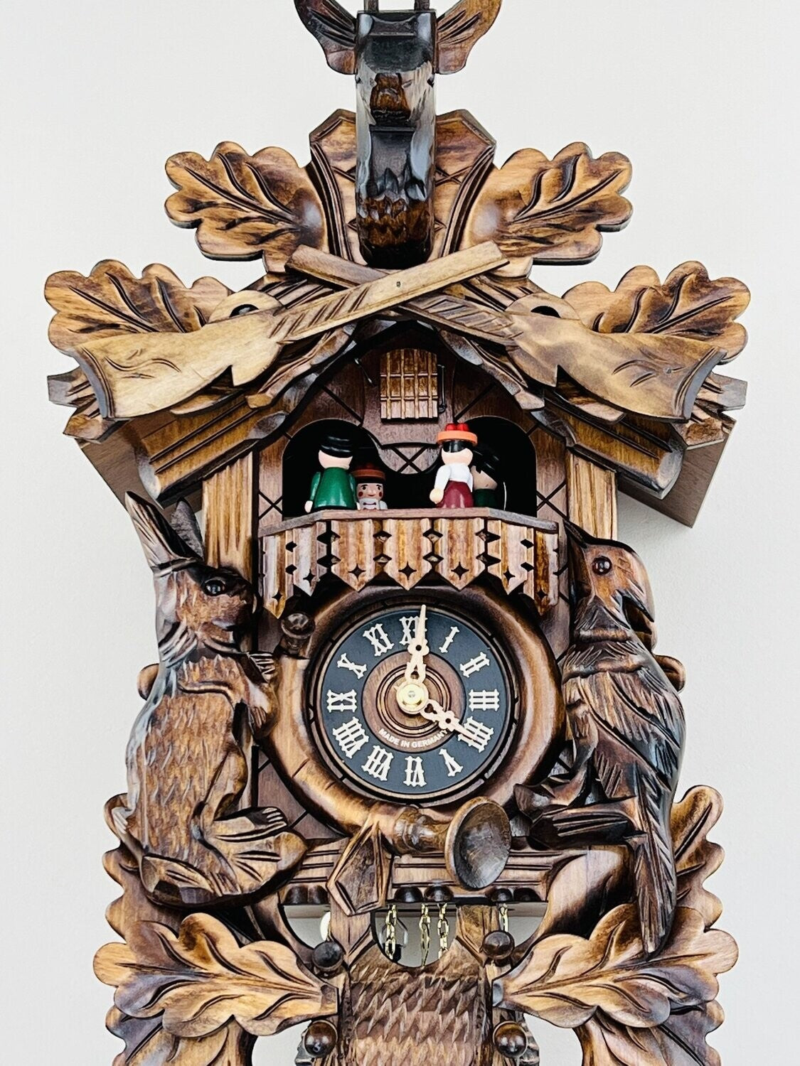 One Day Musical Hunter's Cuckoo Clock with Dancers, Hand-carved Animal