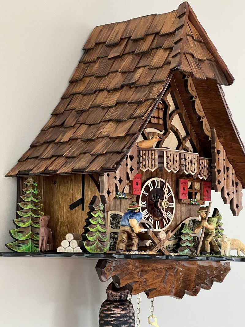 Eight Day Cuckoo Clock Moving Man Saws Wood and Volksmarcher
