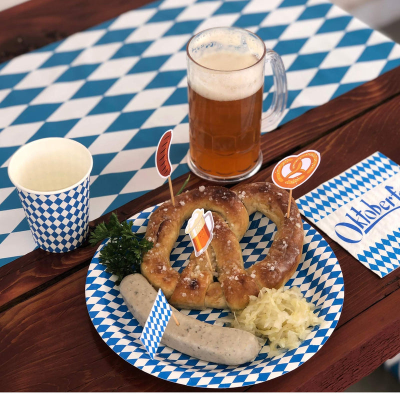 All-in-One Oktoberfest Party Pack Bundle with Bavarian Themed Plastic Deli Tableclothe, Paper Plates, and Napkins