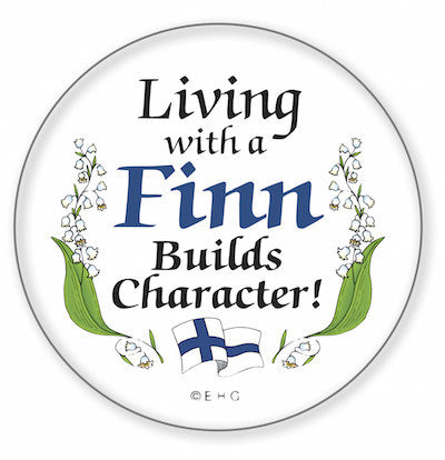 Metal Button  inchesLiving with a Finn inches - Apparel-Costumes, Festival Buttons, Festival Buttons-Finnish, Finnish, Metal Festival Buttons, PS-Party Favors, SY: Living with a Finn