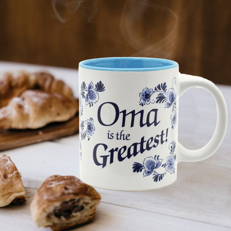 "Oma is the Greatest" German Blue Ceramic Coffee Mug